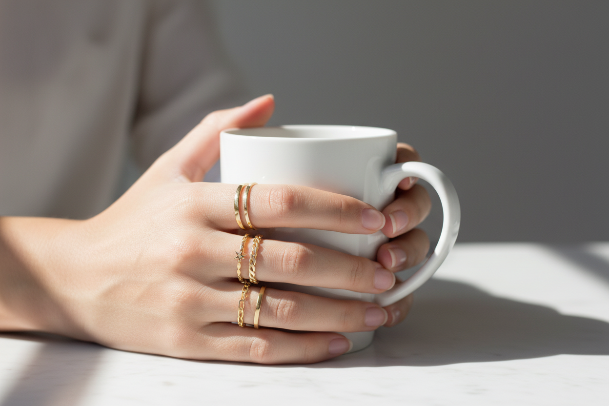 Woman's hand holding cup with gold ring stack