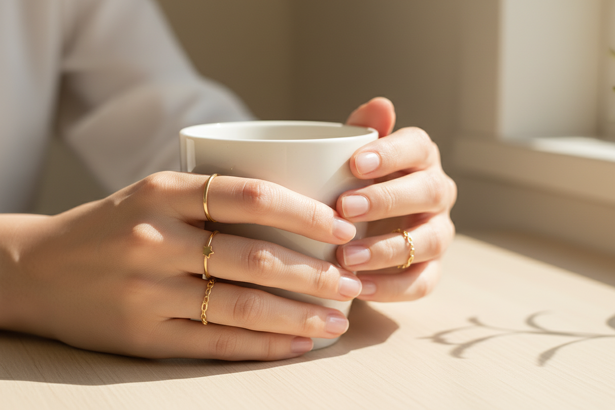 Woman's hand holding cup with individual gold rings